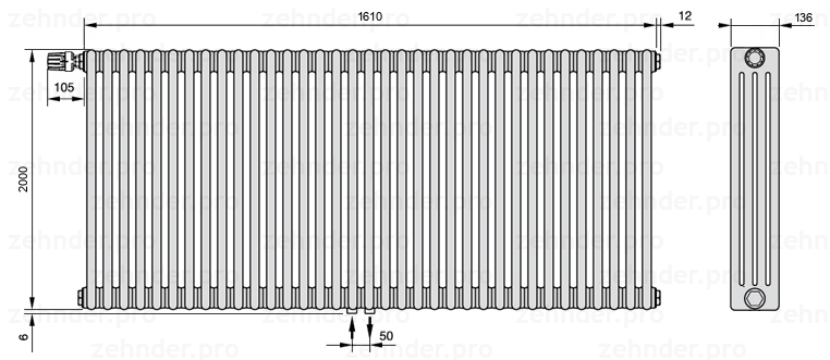 Схема (чертеж) Радиатор Zehnder Charleston 4200/35 №V007 Белый глянцевый RAL 9016